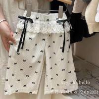Pantalones Anchos Para Bebés Niñas Primavera Con Lazo Estampado Todo Tipo De Pierna Recta Cuello De Botón Cómodo Talla True Fit Para Niñas - details 2