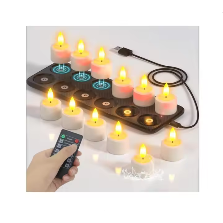 Velas de té recargables, 12 velas LED eléctricas sin llama, impermeables, parpadeantes, con temporizador remoto, estación de carga para baño, hogar, habitación, Halloween, decoraciones de fiestas, verano. - 1