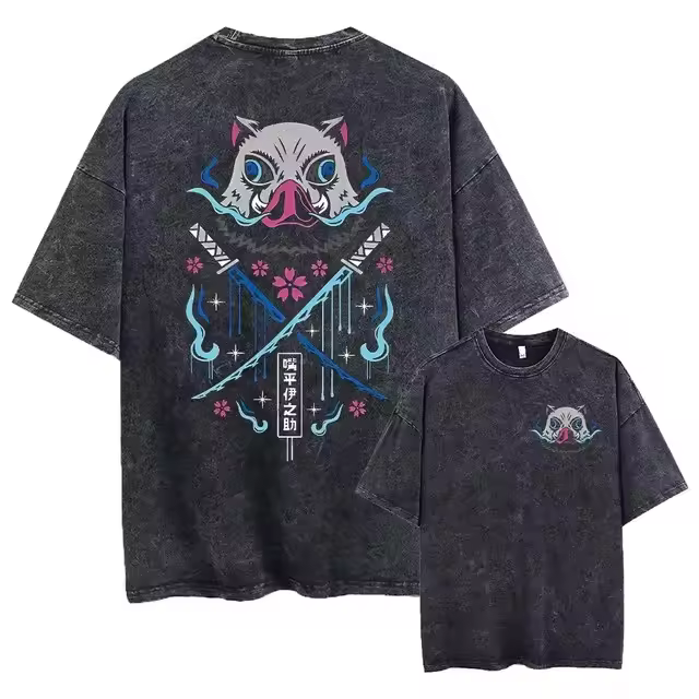 Camiseta Vintage Lavada Anime Demon Slayer Para Hombres Harajuku Oversize Tee Algodón Moda Streetwear Unisex Tops - 1