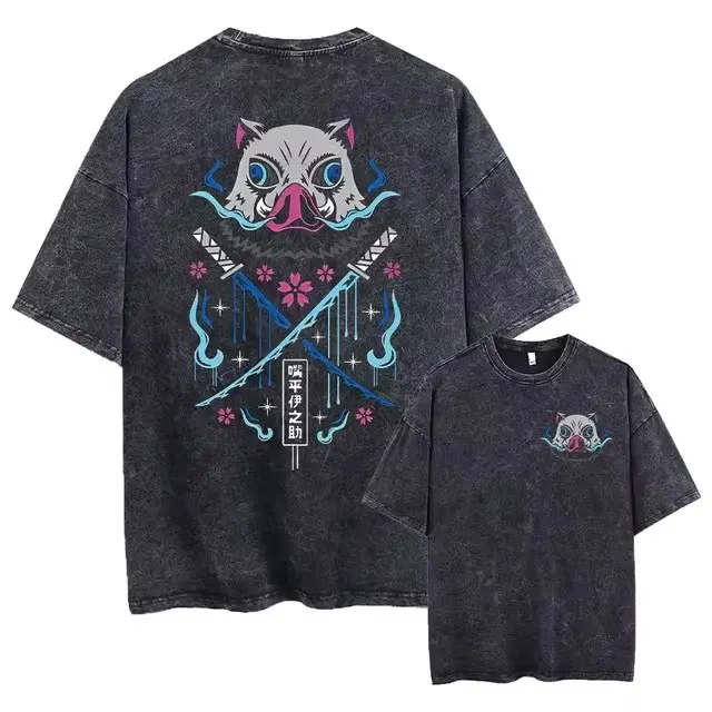 Camiseta Vintage Lavada Anime Demon Slayer Para Hombres Harajuku Oversize Tee Algodón Moda Streetwear Unisex Tops - 1
