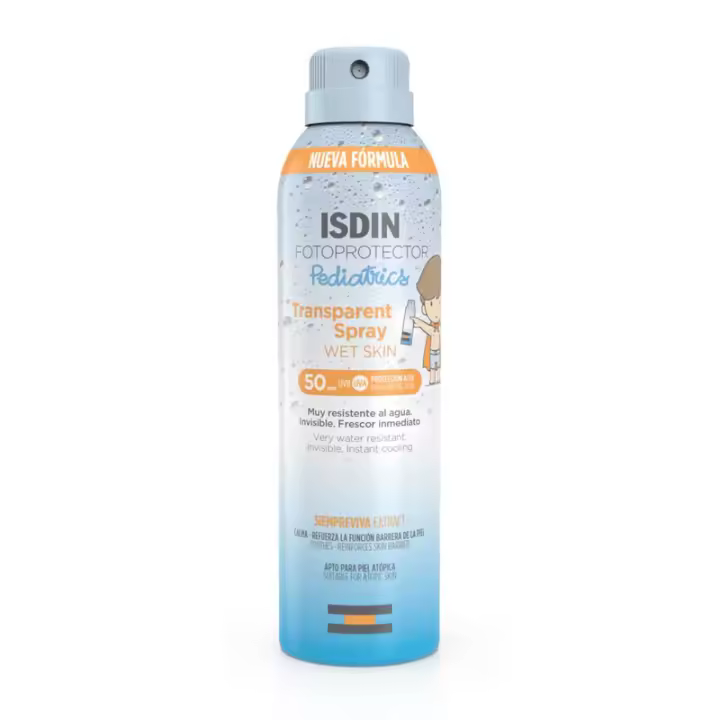 Fotoprotector Isdin Transparent Spray Wet Skin Pediatrics SPF50 250 ml - Alta Protección UVB y UVA para Niños, Resistente al Agua y de Rápida Absorción - 1