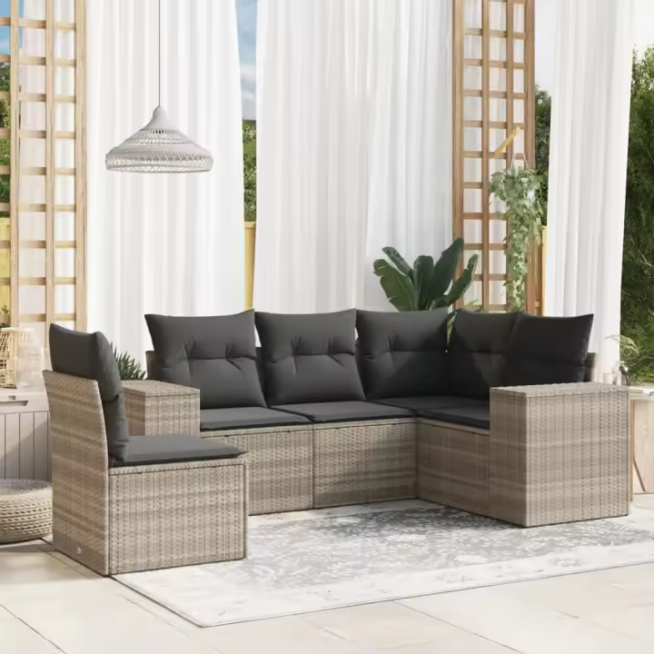 vidaXL Set de sofás jardín y cojines 5 pzas ratán sintético gris claro - 1