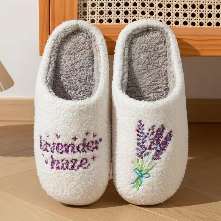 Pantuflas Para Mujer Interior Lavanda Diseño Pequeño Con Lentejuelas Suela Suave Algodón Suave Invierno Regalo Ideal - 1
