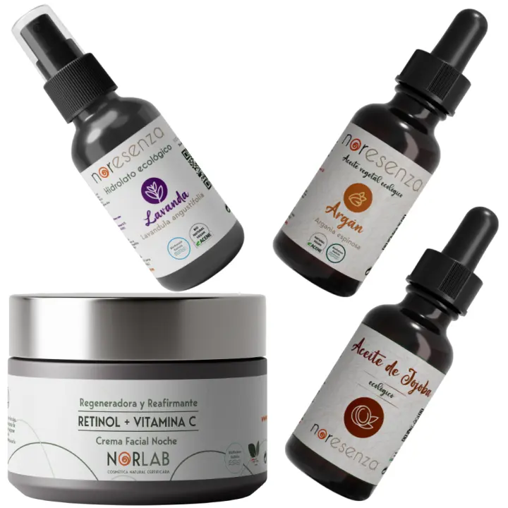 Noresenza Rutina Piel Seca - Crema retinol+ vitamina C, Bruma de lavanda , Aceite de Argán y aceite de jojoba - Hidratación Profunda - Pack Cuidado Facial Natural 100% Natural - 1