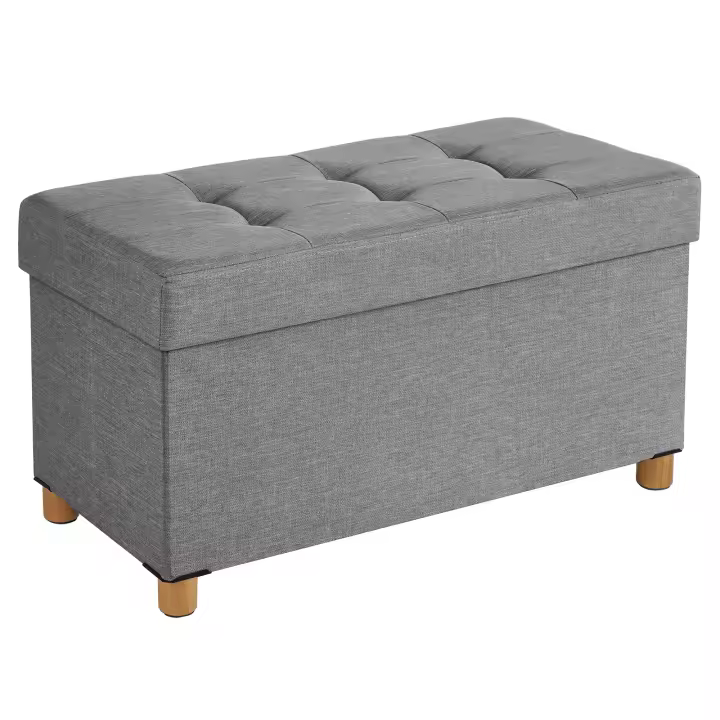 Baúl tapizado capitoné, taburete de almacenamiento textil con asiento acolchado, patas de madera maciza y tapa, gris oscuro - 1