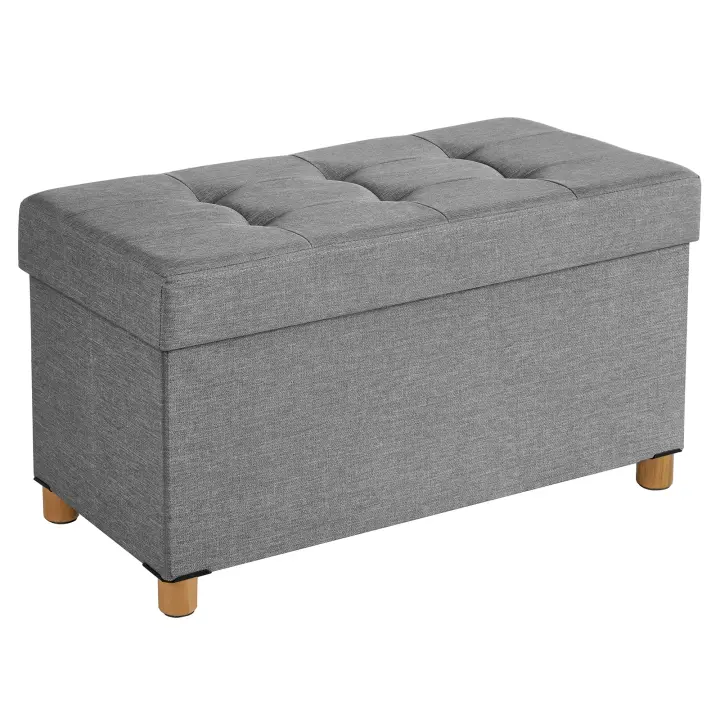 Baúl tapizado capitoné, taburete de almacenamiento textil con asiento acolchado, patas de madera maciza y tapa, gris oscuro - 1