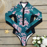 Traje De Baño De Un Pie Para Mujer 2024 Con Mangas Largas Estampado Tropical Monokini Bodysuit Deportivo Para Surf - details 4