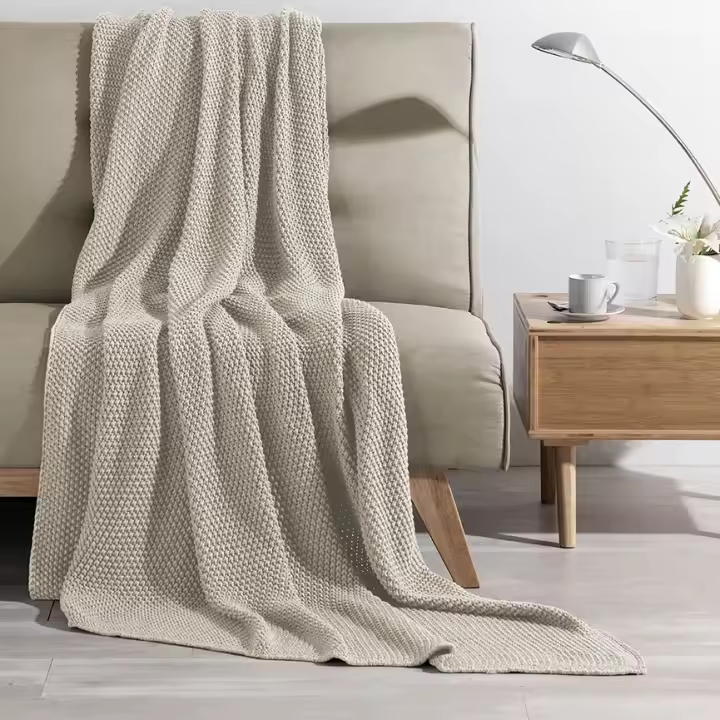 Manterol - Manta plaid sofá de punto calidad 100% algodón con tacto muy suave y agradable, ideal para sofá o pie de cama, colores gris, beige y maquillaje. - 1