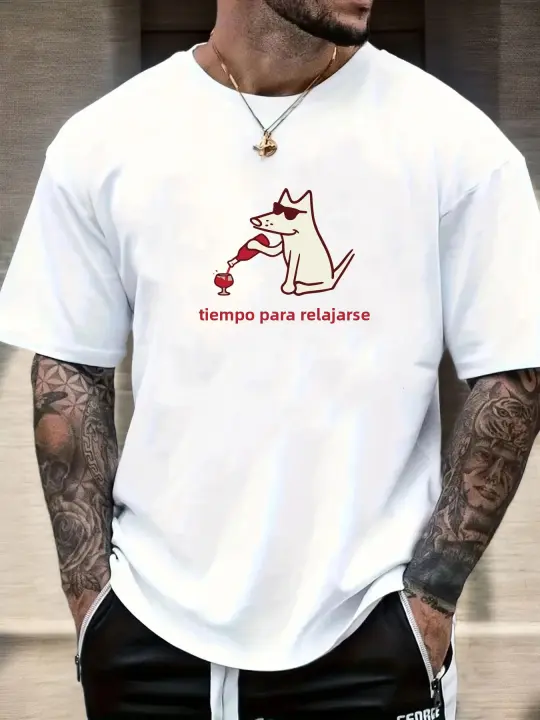 Camiseta Casual Para Hombre Con Estampado De Perro Y Vino Cuello Redondo Manga Corta Transpirable Suave Sobre Talla Para Uso Diario - 1
