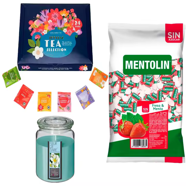 Pack surtido: MENTOLIN FRESA MENTA S/A BOLSA 1KG + Vela perfumada con flor tiare + Set de Te con 24 bolsitas con diferentes sabores y aromas - 1