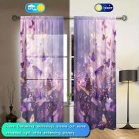 2pcs Cortina De Pintura De Mariposa Morada Para Decoración Del Hogar Tratamiento De Ventana Para Dormitorio Oficina Cocina Sala De Estar Con Bolso De Percha - details 2
