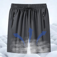Shorts De Verano Para Hombre Con Bolsillos Cierre De Cremallera Y Cordón Ice Silk Para Playa Y Deporte Longitud De Rodilla - details 4