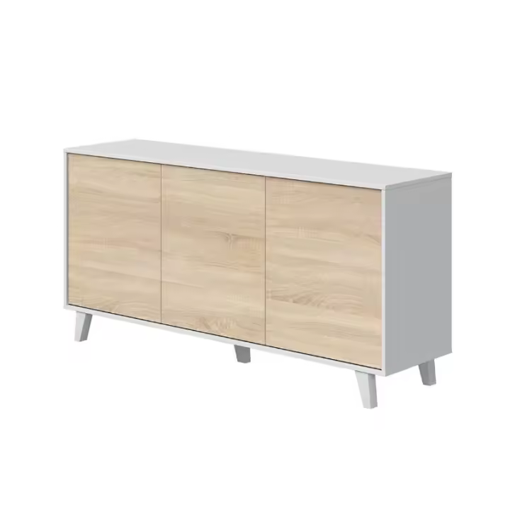 Meimon Aparador ZAIKEN PLUS de 3 puertas con sistema de apertura push, estantes interiores fijos, patas ABS blancas, estructura en melamina TIPO E1 en color Roble Canadian y Blanco Brillo, medidas 75x154x41 cm, capacidad máxima 40 kg - 1