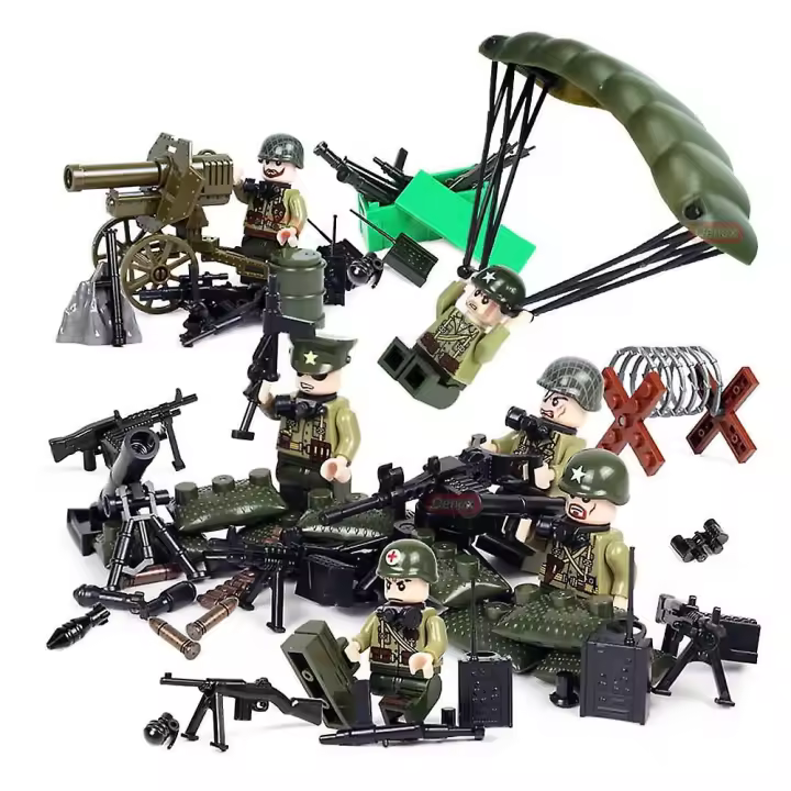 Minifiguras del ejército estadounidense de la Segunda Guerra Mundial: 6 soldados de la Segunda Guerra Mundial con múltiples equipos, juego de bloques de construcción de paracaídas. - 1