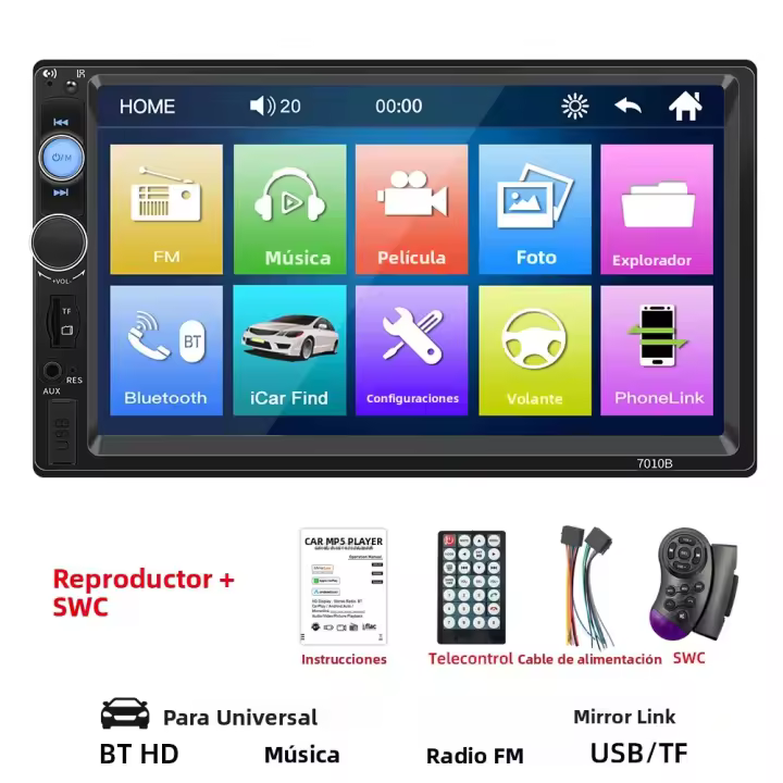 Reproductor Multimedia BT MP5 Para Coche HIPPBQCC 7 Pulgadas Pantalla Táctil HD 2 Din Con Cámara Trasera Y Enlace Espejo FM Aux Universal - 1