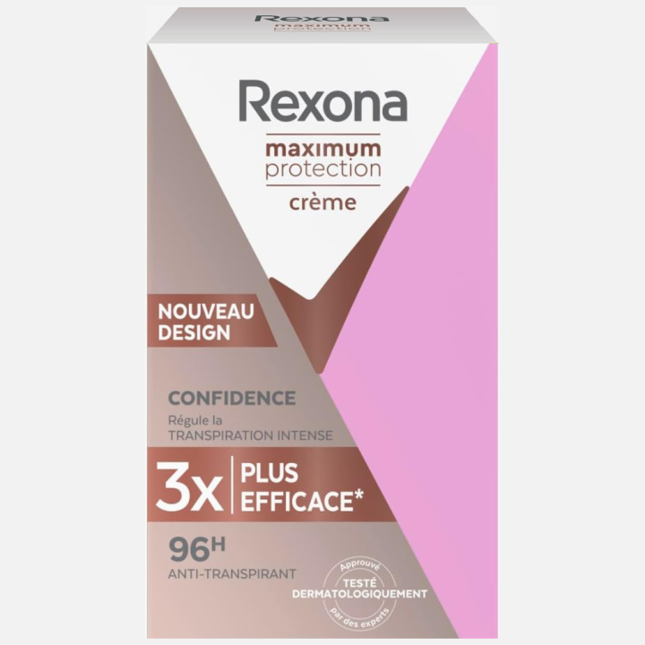 Rexona - Maximum Protection Confidence Desodorante en Crema - 1 Bote de 45 ml - Antitranspirante de Máxima Protección Soft - Protección de 96 horas, 3 veces más eficaz, Protección contra las manchas de sudor y Tecnología MotionSense.