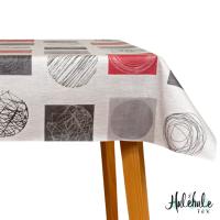 Mantel Hulehule Tex - Hule Estampado Círculos Rojos Grises Negros Sobre Fondo Blanco Anti manchas Fácil Limpieza - TAPIES - details 1
