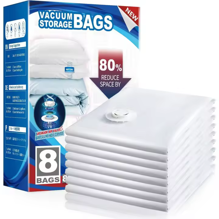 Bolsas Vacio Ropa 8 Piezas Extra Grandes 100 x 80 CM Bolsas de Almacenamiento al Vacío Reutilizables Para Guardar Ropa, Edredones, Almohadas, Mantas, Viajes, Ahorra un 80% de Espacio - 1
