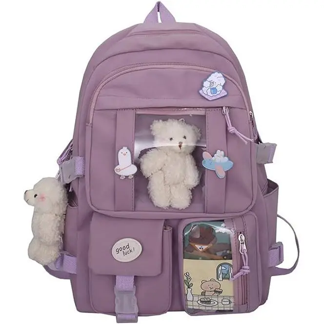 Mochila escolar kawaii para niñas, linda mochila estética, mochila escolar con pin y accesorios - 1