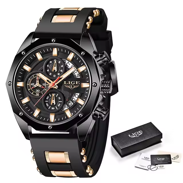 Reloj De Pulsera Deportivo De Lujo Para Hombre LIGE Moda Cronógrafo Acuático Resistente Al Agua Con Fecha Y Manos Luminosas Material De Correa De Silicona - 1