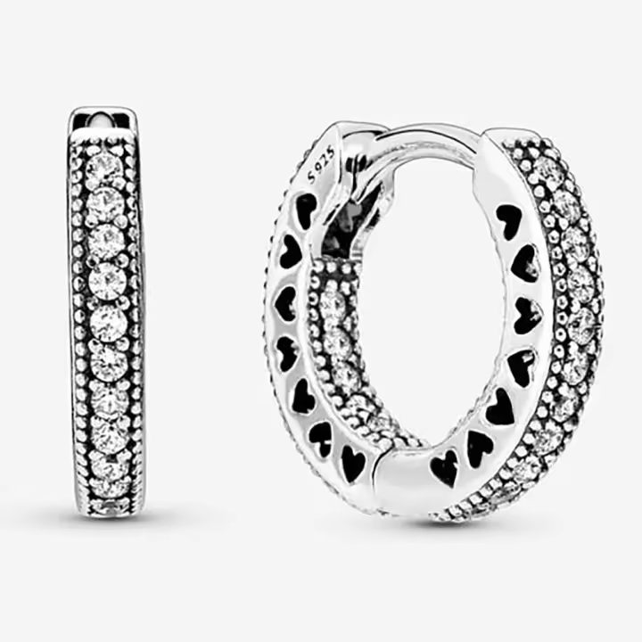 Pandora Pendientes de Aro en Plata de Ley Pendientes de aro con corazón pavé，Incluye Caja Original - 1