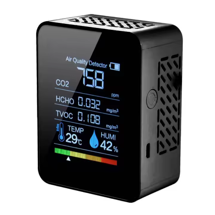 Detector de dióxido de carbono 5 en 1, calidad del Aire interior, medidor digital de CO2, TVOC, HCHO, monitor De Temp y humedad, probador de retroiluminación (Negro) - 1