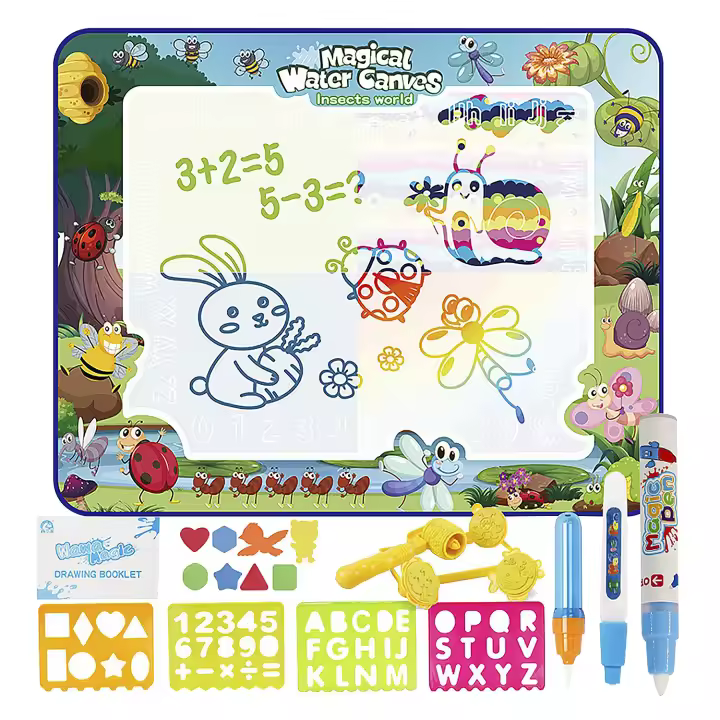 DAM. Pizarra infantil para dibujar con agua de 100x80cm. Diseño insectos. Incluye 3 rotuladores de agua, plantillas de dibujo y escritura, 4 tampones con formas y 8 figuras de EVA. 100x80x3cm. - 1