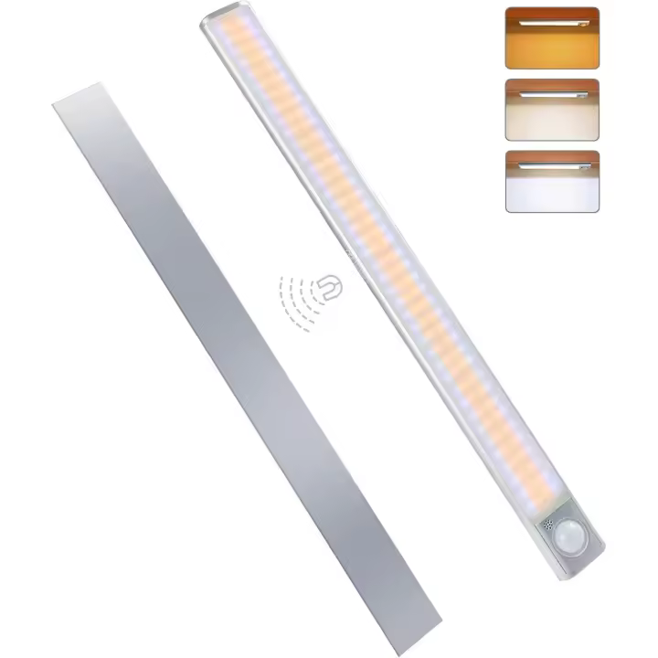 Luz de armario de 160 LED, luz con sensor de movimiento, brillo ajustable con 3 colores, recargable por USB, inalámbrica, adecuada para gabinetes, cocinas, pasillos, garajes, linterna - 1