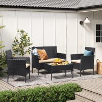 Conjunto de muebles de jardín en ratán, sofá 2 plazas, 2 sillones individuales y una mesa de centro con tapa de vidrio, muebles de patio de mimbre, elegante diseño en marrón y topo - details 8