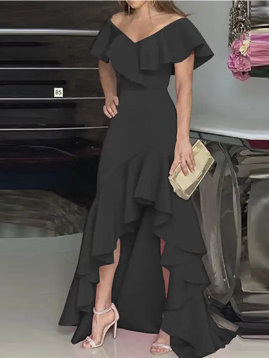 Vestido Largo De Cuello V Con Borde Volante Estilo Europeo Y Americano Nuevo Para Otoño Elegante Irregular Para Fiestas Mujer - 1