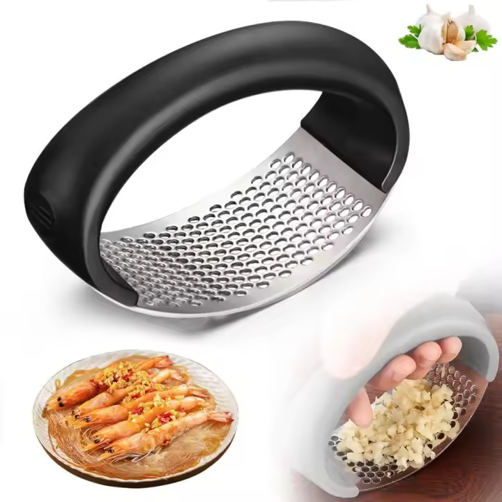 Prensa de Ajos, Balancín de Acero Inoxidable, Prensa de Ajo de Acero Inoxidable, Herramienta de Cocina, Cortador de Ajos, Herramienta de Cocina con Pelador de Ajos de Silicona - 1
