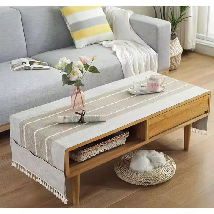 Mantel de lino lavable con bolsillos, rectangular, camino de mesa - 50 x 145 cm, color beige - 1