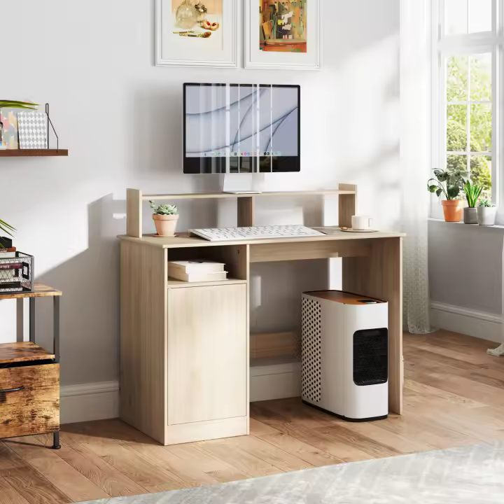 HOMCOM Escritorio con Estantería Moderno Escritorio con Puerta Compartimentos Abiertos y Soporte para Monitor Mesa para Estudio Dormitorio Hogar Oficina 108x50x94 cm - 1