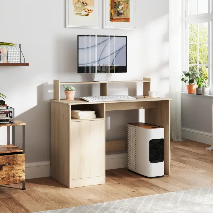 HOMCOM Escritorio con Estantería Moderno Escritorio con Puerta Compartimentos Abiertos y Soporte para Monitor Mesa para Estudio Dormitorio Hogar Oficina 108x50x94 cm - 1