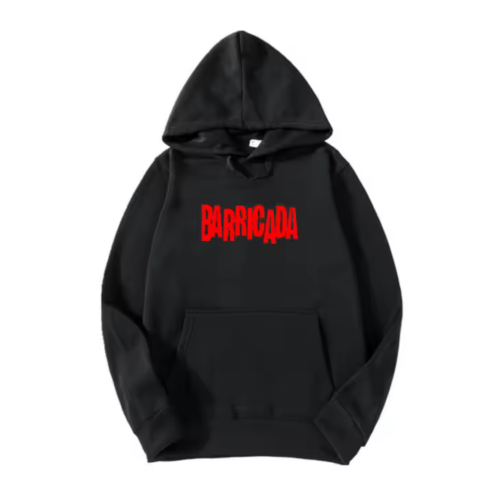 BCC Sudadera Premium Negra Barricada Rock impresión Rojo premium El Drogas Noche de Rock&Roll Boni Heavy Premium 300 grs 50% algodón 50% poliéster Unisex - 1