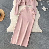 Conjunto De Ropa De Mujer REALEFT Otoño Invierno 3 Piezas Traje De Tejido Knitted Cardigan De Botón Sencillo Y Tops Falda Elegante Para Oficina - details 37