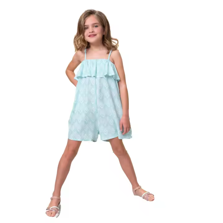 Mono niña verano Petit Alo – Tirantes regulables, volante, estampado rombos turquesa, 100% viscosa - 1