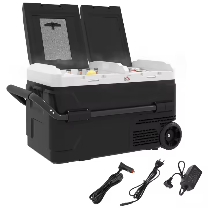 HOMCOM Nevera Compresor Portátil 40L con Doble Zona Refrigerador de Coche -20℃-20℃ 12 / 24V DC y 100-240V AC Nevera Eléctrica con Luz LED y Asa Telescópica para Caravanas Viajes 80x47,5x46,6 cm Negro - 1