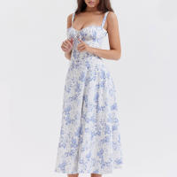 Vestido De Playa Para Mujer Con Estampado Floral Cuello Cuadrado Ajuste Frontal Y Abertura En Pierna Midi Polyester Sin Mangas Vestido De Noche - details 23