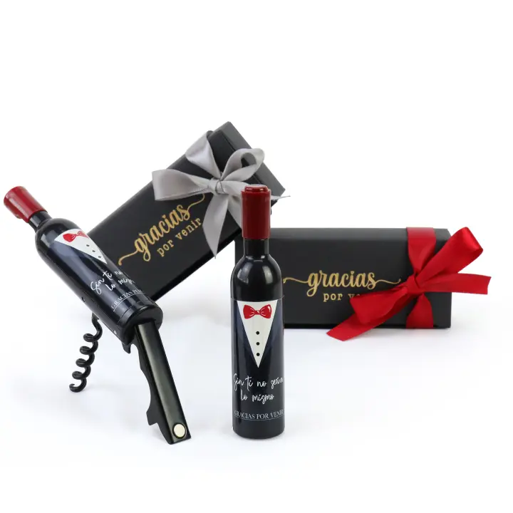 Pack de 18  a 42 unidades de sacacorchos y abridor de botella con etiqueta de esmoquin, Opcion caja, Pegatina no personalizable ni editable, Detalles para invitados boda, Abrebotellas regalo invitados, Regalantes.com - 1