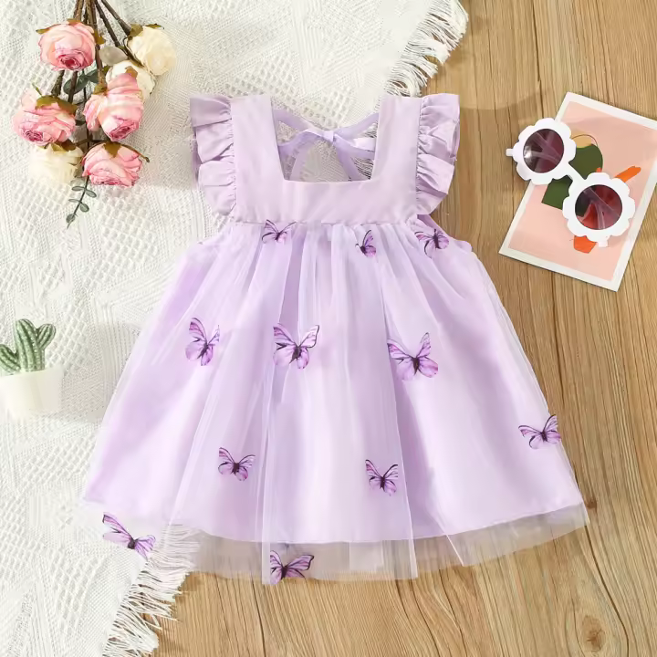 Vestido De Princesa Para Niñas Con Alas De Mariposa Y Tirantes Colgantes Vestido De Malla Lindo Para Verano Adecuado Para Niñas De 0-3 Años Estilo Cute Material Poliéster - 1