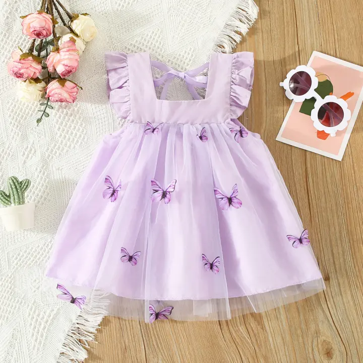 Vestido De Princesa Para Niñas Con Alas De Mariposa Y Tirantes Colgantes Vestido De Malla Lindo Para Verano Adecuado Para Niñas De 0-3 Años Estilo Cute Material Poliéster - 1