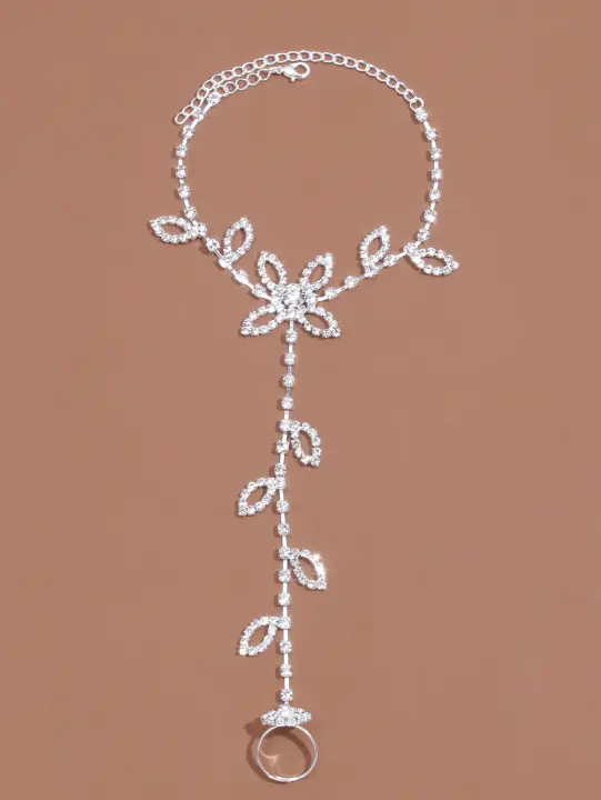 Stonefans Anklet De Verano Para Mujer 1Pcs Hoja De Rhinestone En Color Plata Lujo Pulsera De Mano En Forma Geométrica De Cobre - 1