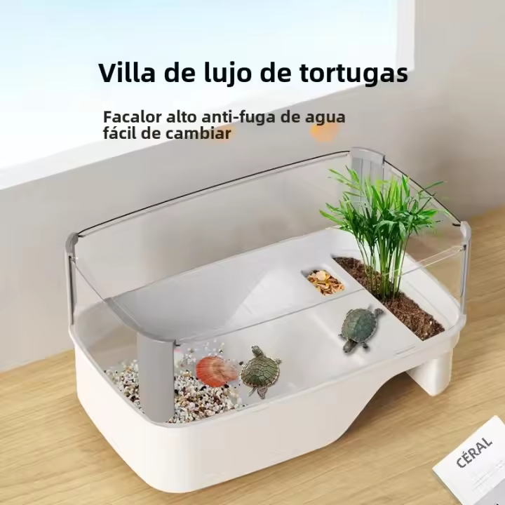 Tanque De Tortuga De Plástico Transparente Con Áreas Para Cría Alimentación Natación Y Bañarse Enchufe Para Reptiles Y Acuarios - 1