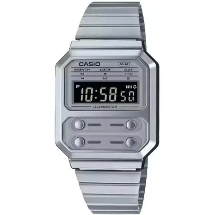 Reloj Casio unisex Digital A-100WE-7B cuadrado correa metálica plateada AE100WE7B - 1