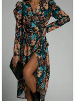 Vestido De Mujer Moda Cuello En V Manga Larga Estampado Cintura Ajustable Falda Asimétrica Abertura Frontal Largo Hasta El Tobillo Para Banquete Y Reuniones - details 10