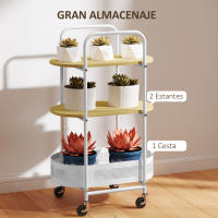 HOMCOM Carrito Auxiliar con Ruedas Carrito de Cocina de 3 Niveles Carro de Almacenamiento con Cesta y Estantes Carga 30 kg para Comedor Salón Dormitorio 49,5x32,5x82,5 cm Blanco y Madera Natural - details 3