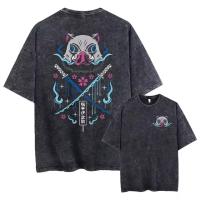 Camiseta Vintage Lavada Anime Demon Slayer Para Hombres Harajuku Oversize Tee Algodón Moda Streetwear Unisex Tops - details 5
