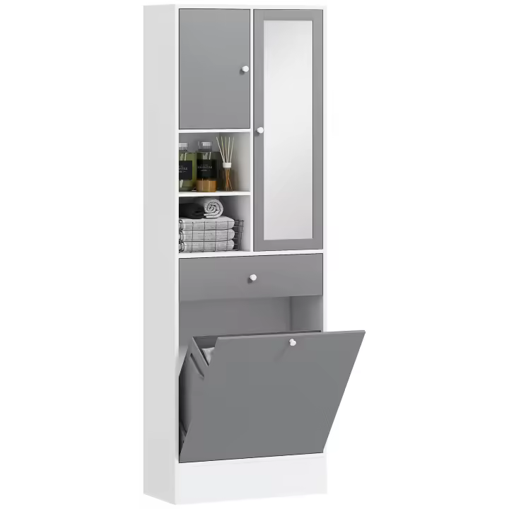 HOMCOM Armario de Baño con Cesto Ropa Sucia Armario Alto de Baño Estrecha con Espejo Cajón Compartimentos Abiertos y Estantes Ajustables 62x28,3x181 cm Blanco y Gris - 1