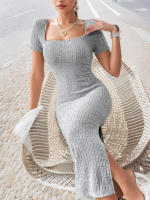 Vestido De Verano Para Mujer Con Cuello Cuadrado Y Falda De Medio Tamaño Vestido Corto Con Abertura Versátil De Poliéster Slim Fit - details 7